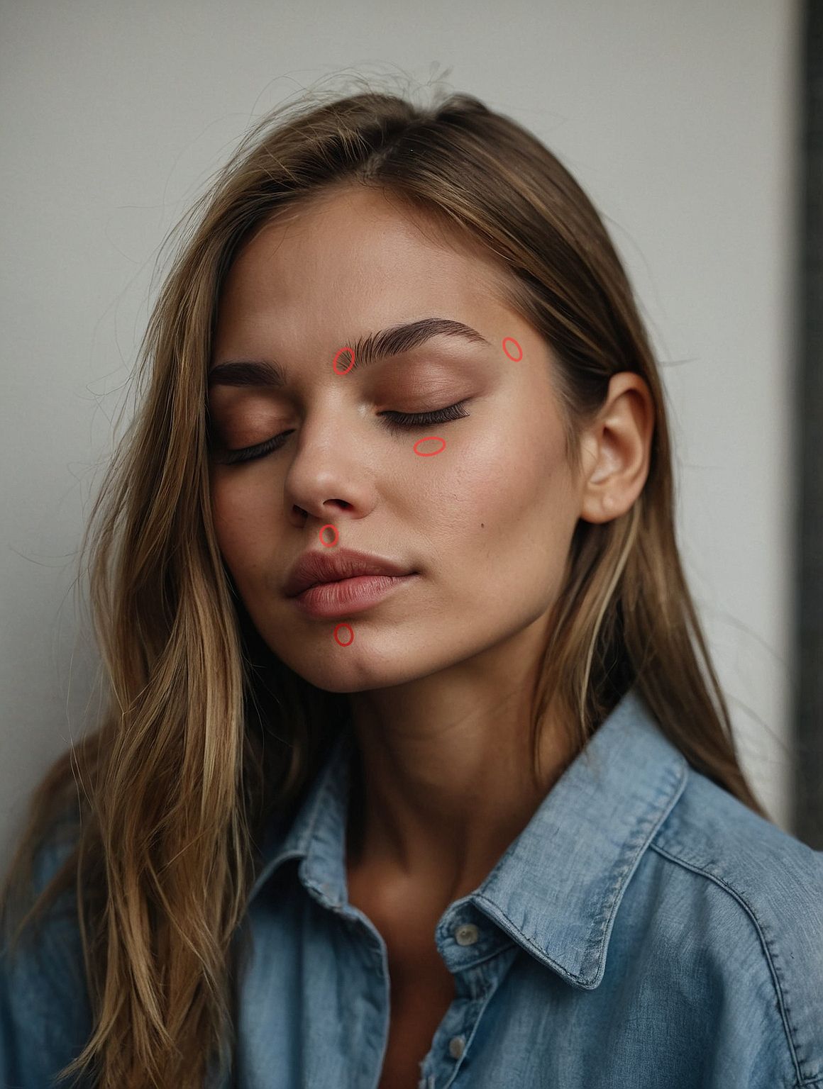 Person mit den hervorgehobenen Energiepunkten im Gesicht. Augenbrauen, Schelfe, unter der Nase, unter dem Mund.